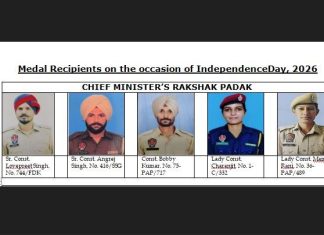पंजाब पुलिस के पांच जवानों को मुख्यमंत्री रक्षक पदक से किया जाएगा सम्मानित